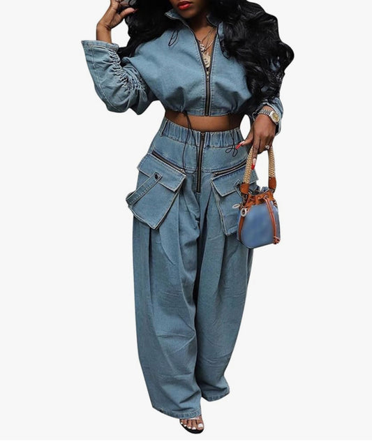 Boujee Cargo Denim Two-Piece Set