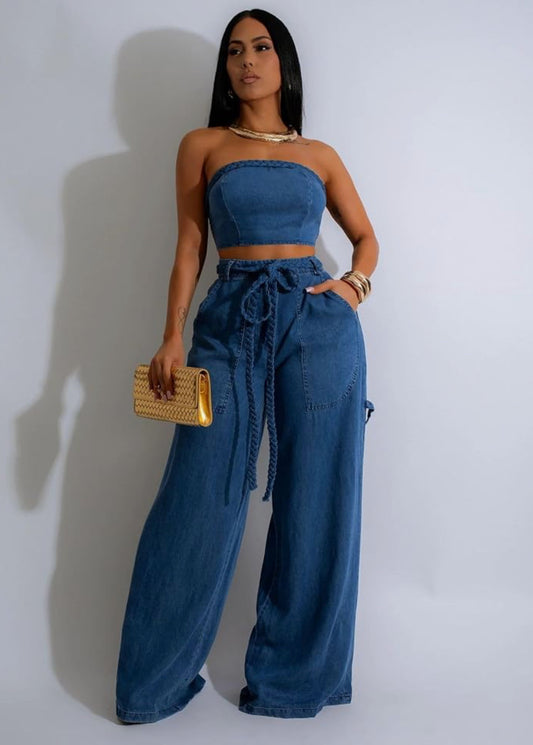 Boujee Denim Wide-Leg Two-Piece Set