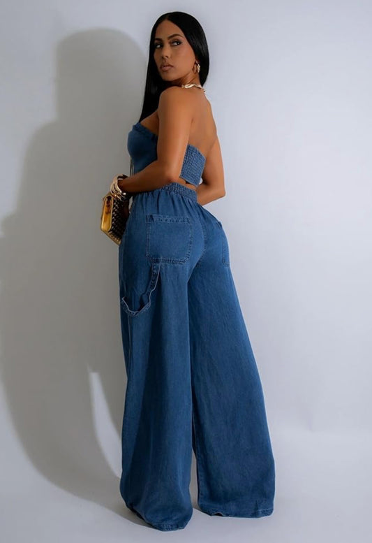 Boujee Denim Wide-Leg Two-Piece Set